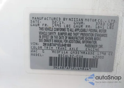 2014 Nissan Sentra Fe+ S/Fe+ Sv/S/Sl/Sr/Sv из США, поврежденный, VIN 3N1AB7AP1EL648169